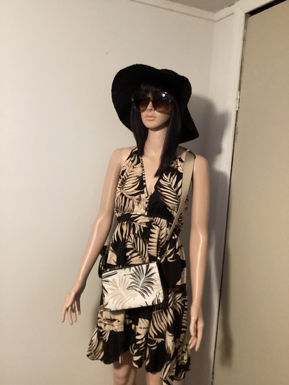 SHEIN Black and Cream Tropical Backless Halter Dress